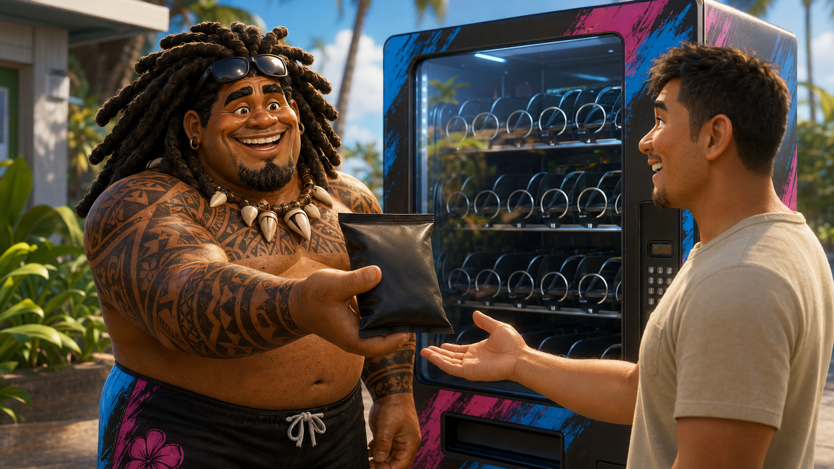 HUNGA happily giving a replacement snack to a Snack Attacker