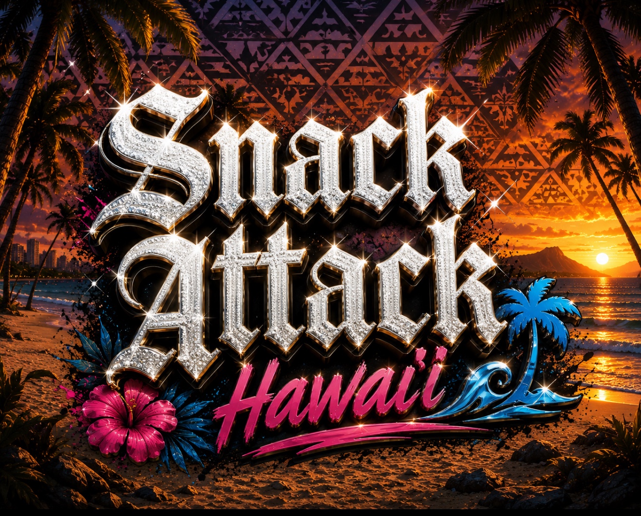 Snack Attack Hawaiʻi logo over an Oʻahu sunset