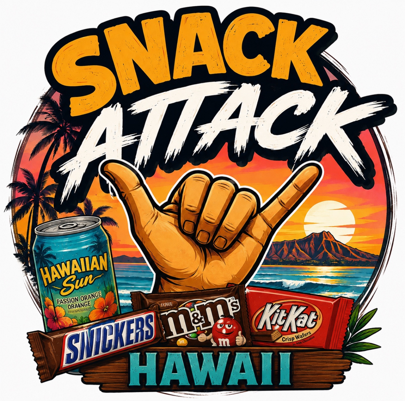 Snack Attack Hawaiʻi shaka logo with snacks and Hawaiian scenery